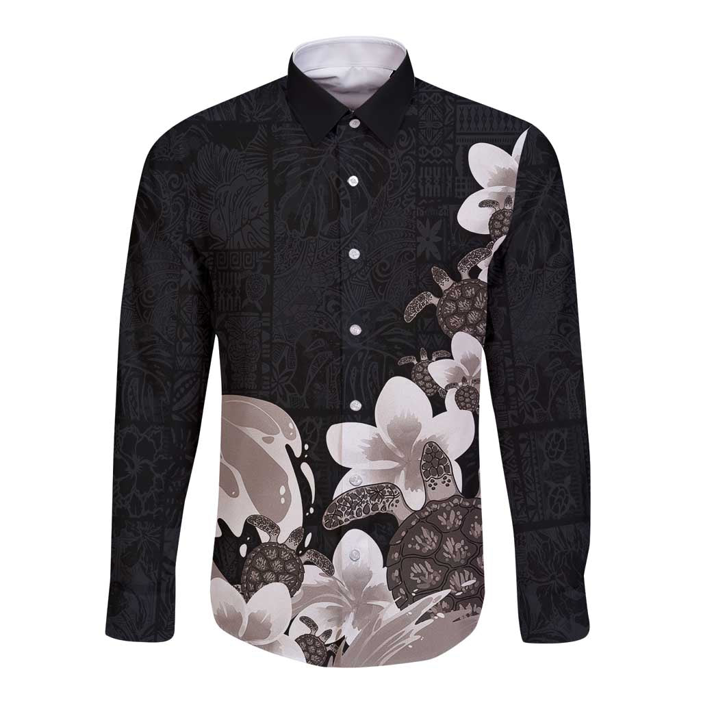 Hawaiian Plumeria and Turtle Long Sleeve Button Shirt with Polynesian Tribal Art Pattern Grayscale Color LT03 Unisex Black - Polynesian Pride