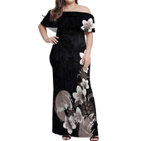 Hawaiian Plumeria and Turtle Off Shoulder Maxi Dress with Polynesian Tribal Art Pattern Grayscale Color