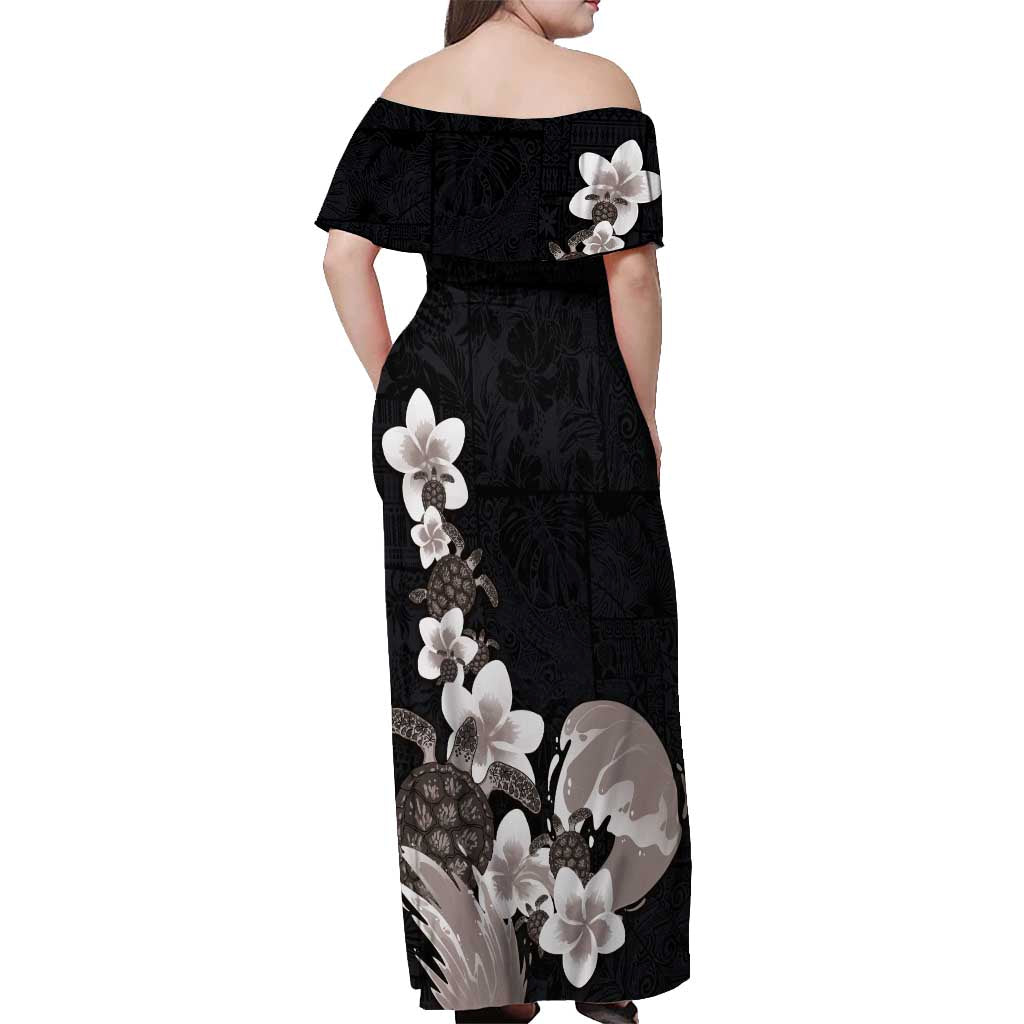 Hawaiian Plumeria and Turtle Off Shoulder Maxi Dress with Polynesian Tribal Art Pattern Grayscale Color