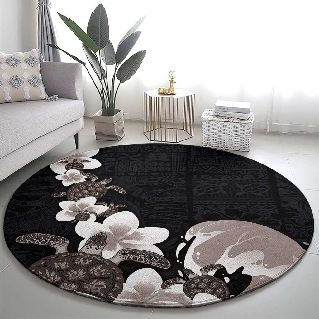 Hawaiian Plumeria and Turtle Round Carpet with Polynesian Tribal Art Pattern Grayscale Color LT03 - Polynesian Pride