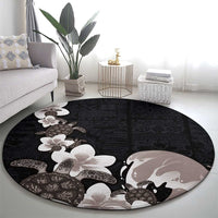 Hawaiian Plumeria and Turtle Round Carpet with Polynesian Tribal Art Pattern Grayscale Color LT03 - Polynesian Pride