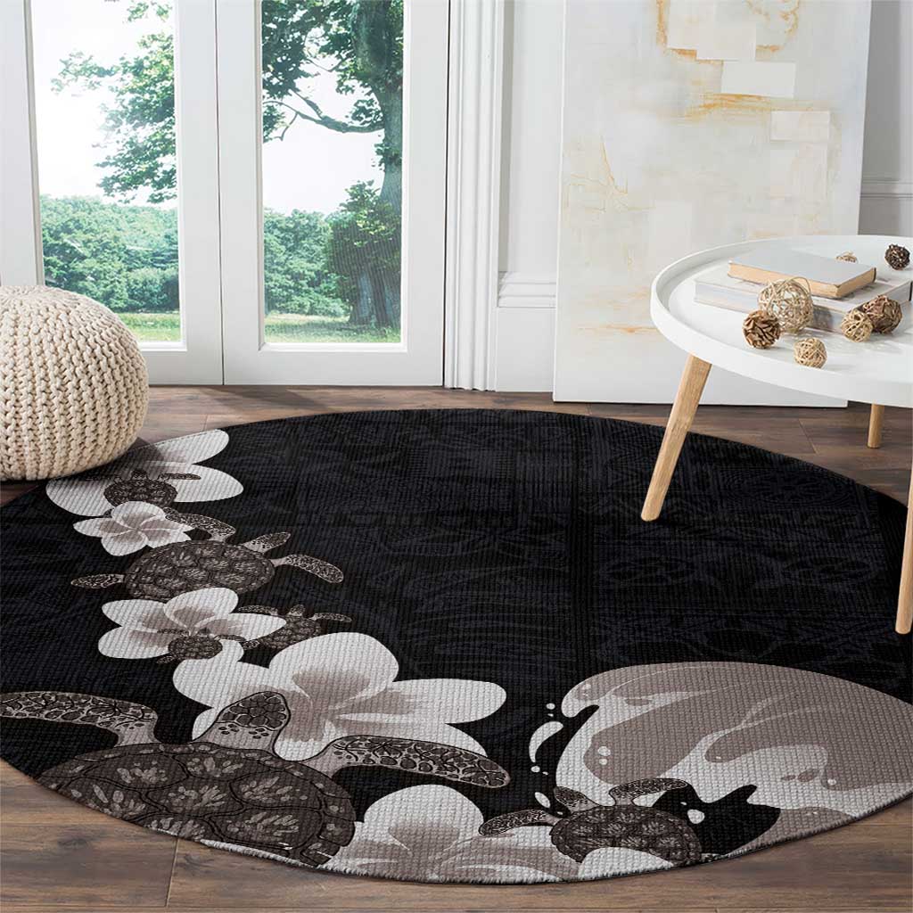 Hawaiian Plumeria and Turtle Round Carpet with Polynesian Tribal Art Pattern Grayscale Color LT03 - Polynesian Pride