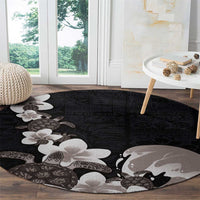 Hawaiian Plumeria and Turtle Round Carpet with Polynesian Tribal Art Pattern Grayscale Color LT03 - Polynesian Pride