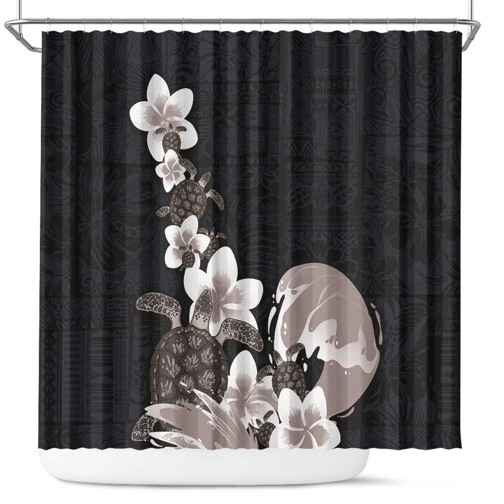 Hawaiian Plumeria and Turtle Shower Curtain with Polynesian Tribal Art Pattern Grayscale Color LT03 Black - Polynesian Pride