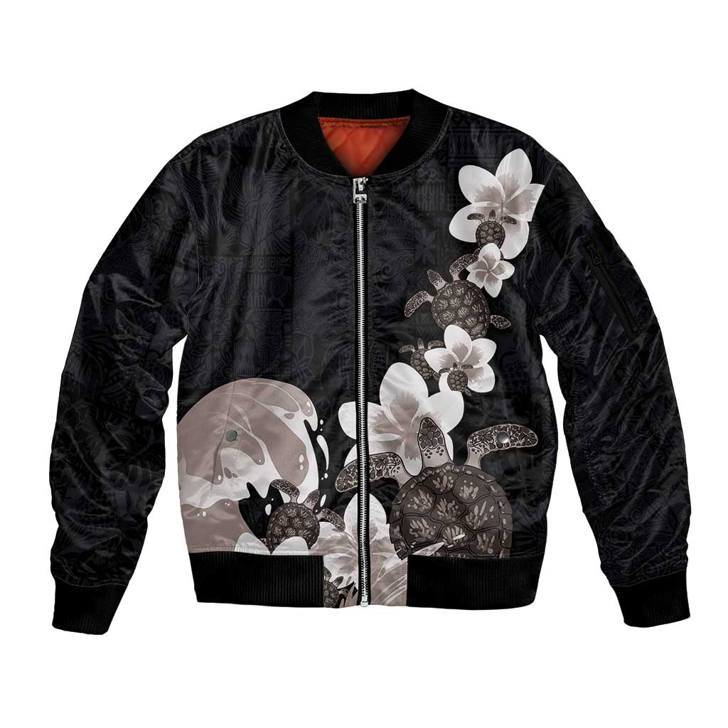 Hawaiian Plumeria and Turtle Sleeve Zip Bomber Jacket with Polynesian Tribal Art Pattern Grayscale Color LT03 Unisex Black - Polynesian Pride