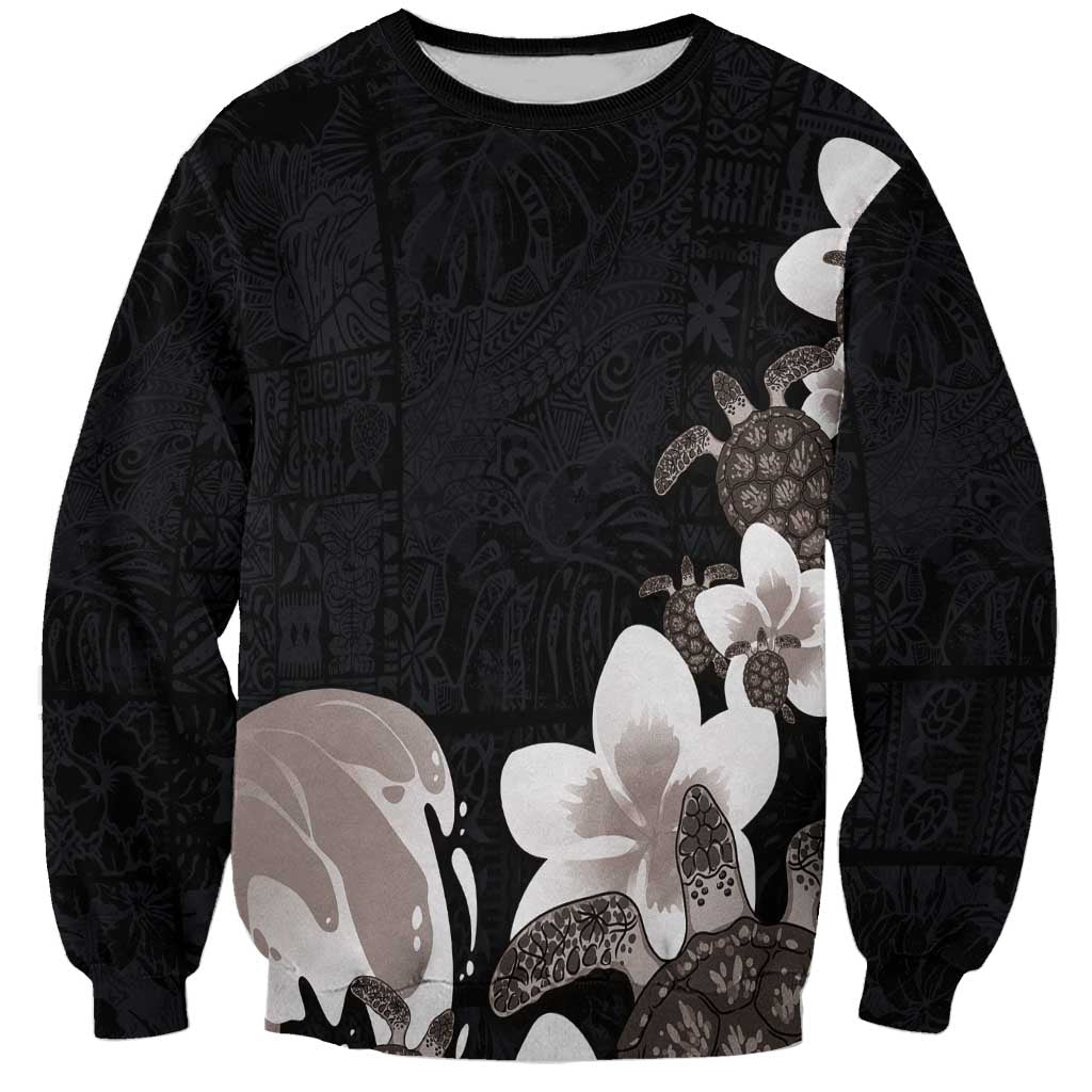 Hawaiian Plumeria and Turtle Sweatshirt with Polynesian Tribal Art Pattern Grayscale Color