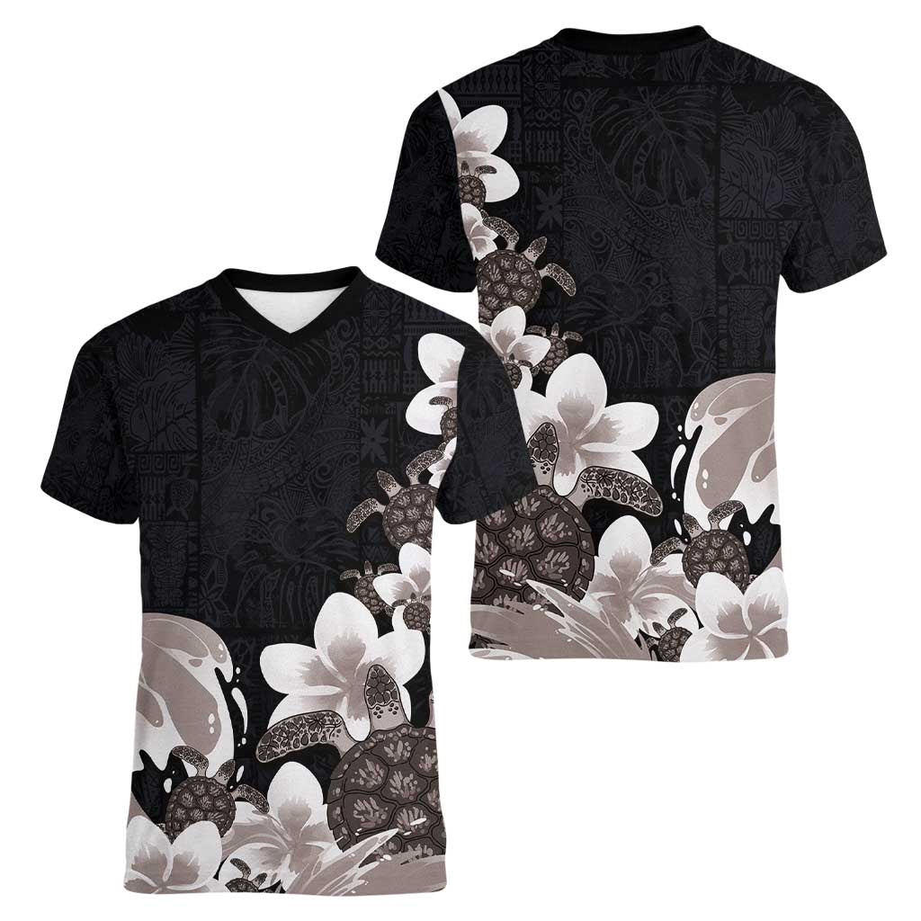 Hawaiian Plumeria and Turtle Women V-Neck T-Shirt with Polynesian Tribal Art Pattern Grayscale Color