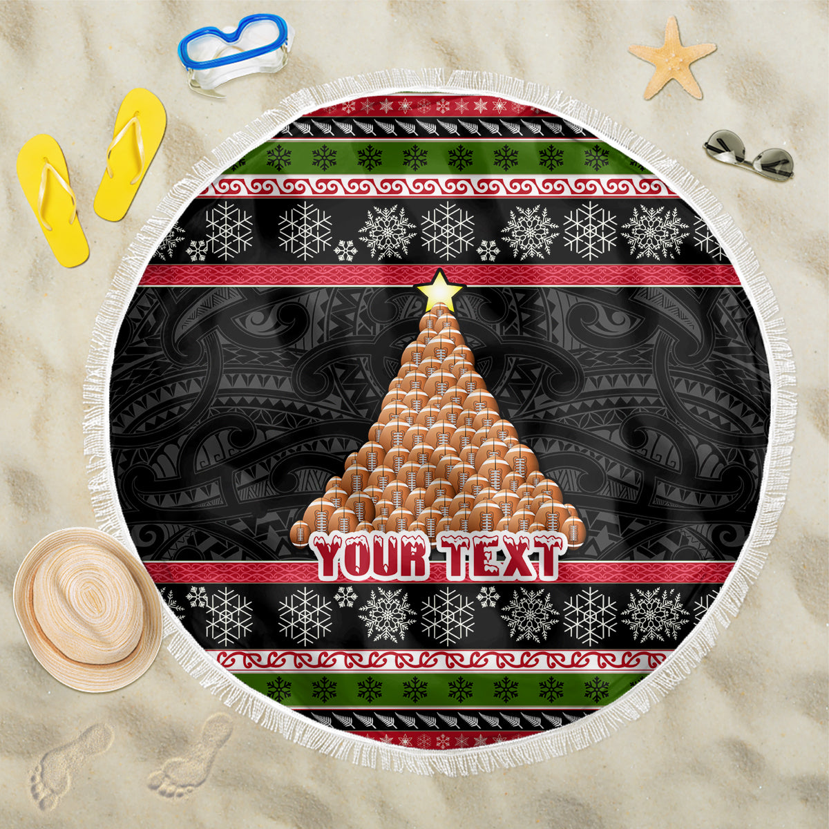 Personalized New Zealand Meri Kirihimete Beach Blanket Maori Warrior with Rugby Christmas Tree LT03 One Size 150cm Black - Polynesian Pride