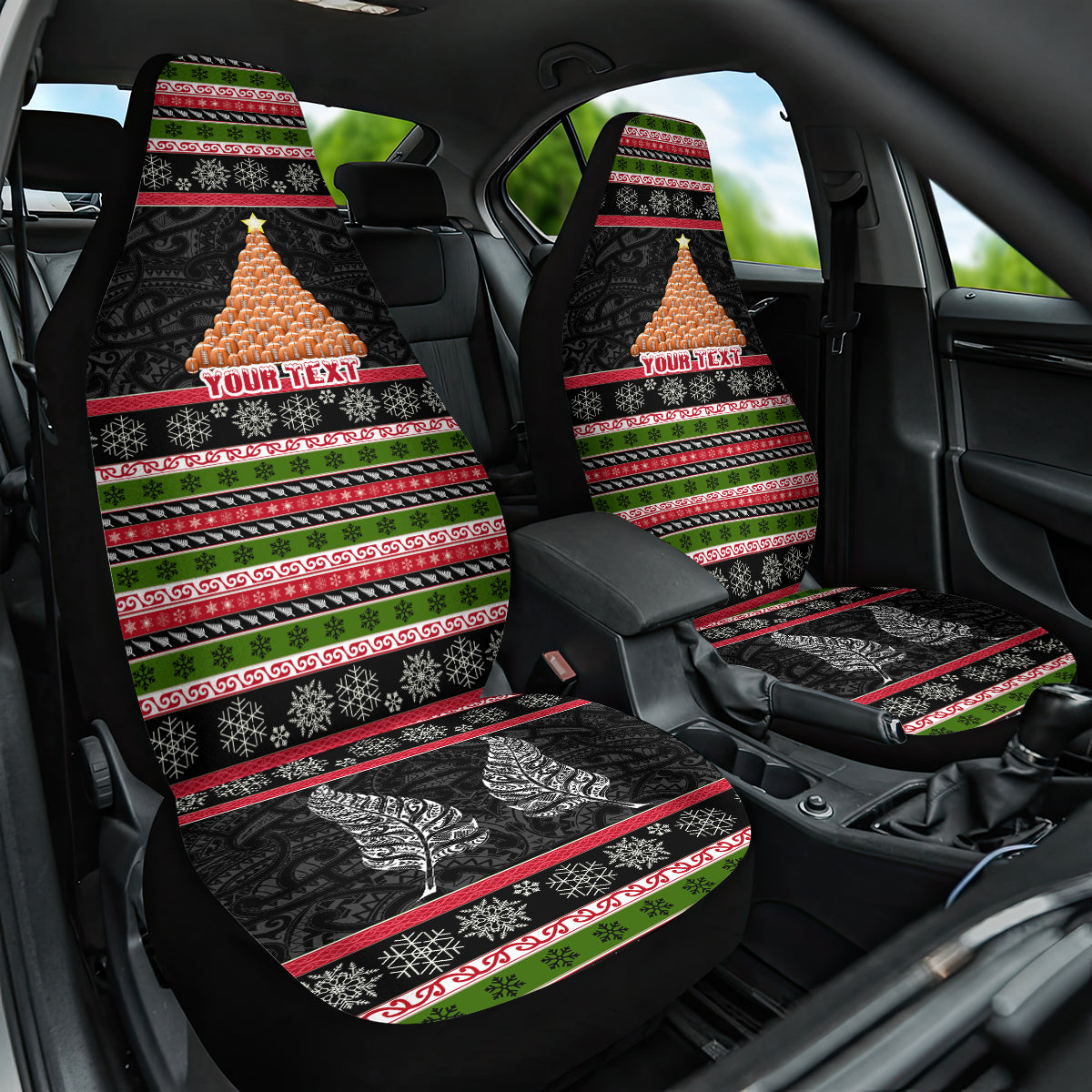 Personalized New Zealand Meri Kirihimete Car Seat Cover Maori Warrior with Rugby Christmas Tree LT03 One Size Black - Polynesian Pride