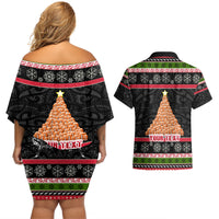 Personalized New Zealand Meri Kirihimete Couples Matching Off Shoulder Short Dress and Hawaiian Shirt Maori Warrior with Rugby Christmas Tree LT03 - Polynesian Pride