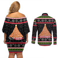 Personalized New Zealand Meri Kirihimete Couples Matching Off Shoulder Short Dress and Long Sleeve Button Shirt Maori Warrior with Rugby Christmas Tree LT03 - Polynesian Pride