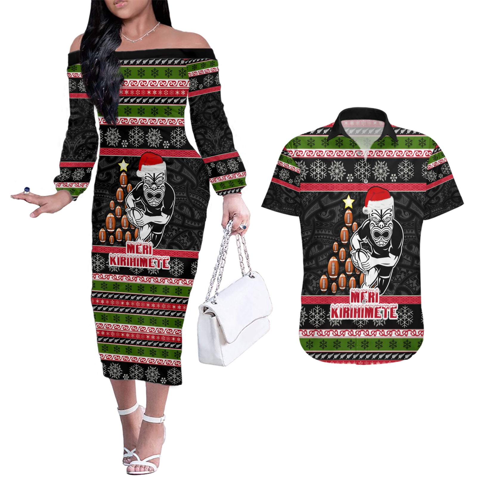Personalized New Zealand Meri Kirihimete Couples Matching Off The Shoulder Long Sleeve Dress and Hawaiian Shirt Maori Warrior with Rugby Christmas Tree LT03 Black - Polynesian Pride