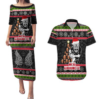 Personalized New Zealand Meri Kirihimete Couples Matching Puletasi Dress and Hawaiian Shirt Maori Warrior with Rugby Christmas Tree LT03 Black - Polynesian Pride