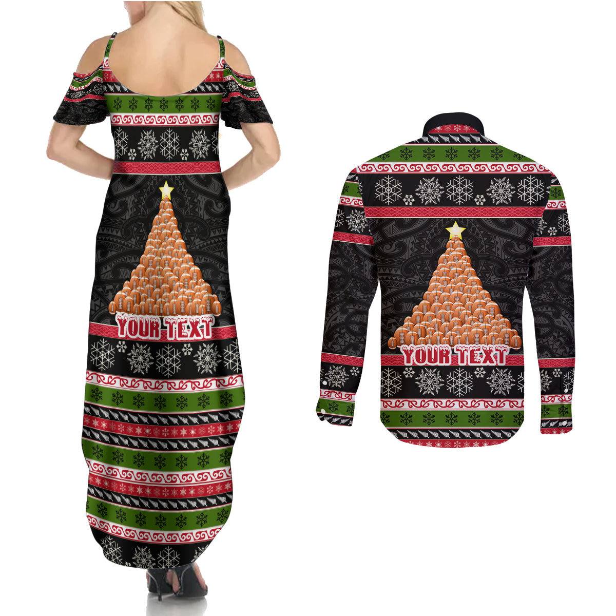Personalized New Zealand Meri Kirihimete Couples Matching Summer Maxi Dress and Long Sleeve Button Shirt Maori Warrior with Rugby Christmas Tree LT03 - Polynesian Pride