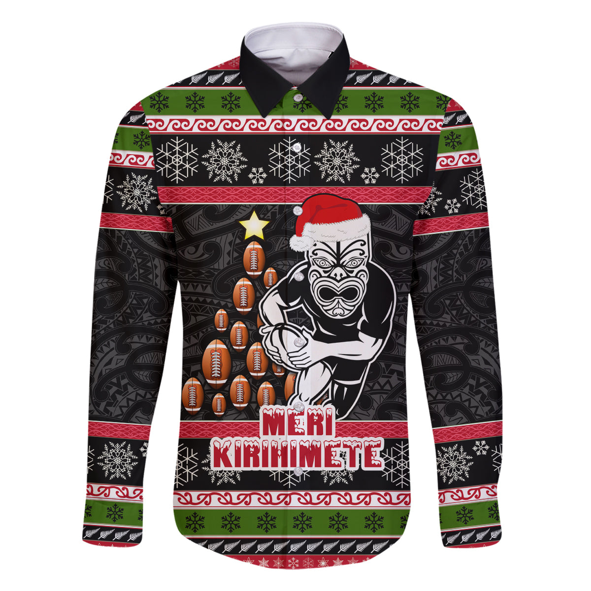 Personalized New Zealand Meri Kirihimete Family Matching Mermaid Dress and Hawaiian Shirt Maori Warrior with Rugby Christmas Tree LT03 Dad's Shirt - Long Sleeve Black - Polynesian Pride