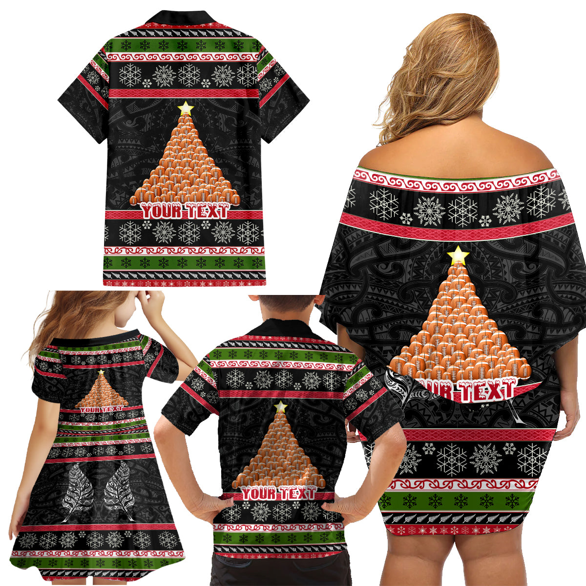 Personalized New Zealand Meri Kirihimete Family Matching Off Shoulder Short Dress and Hawaiian Shirt Maori Warrior with Rugby Christmas Tree LT03 - Polynesian Pride