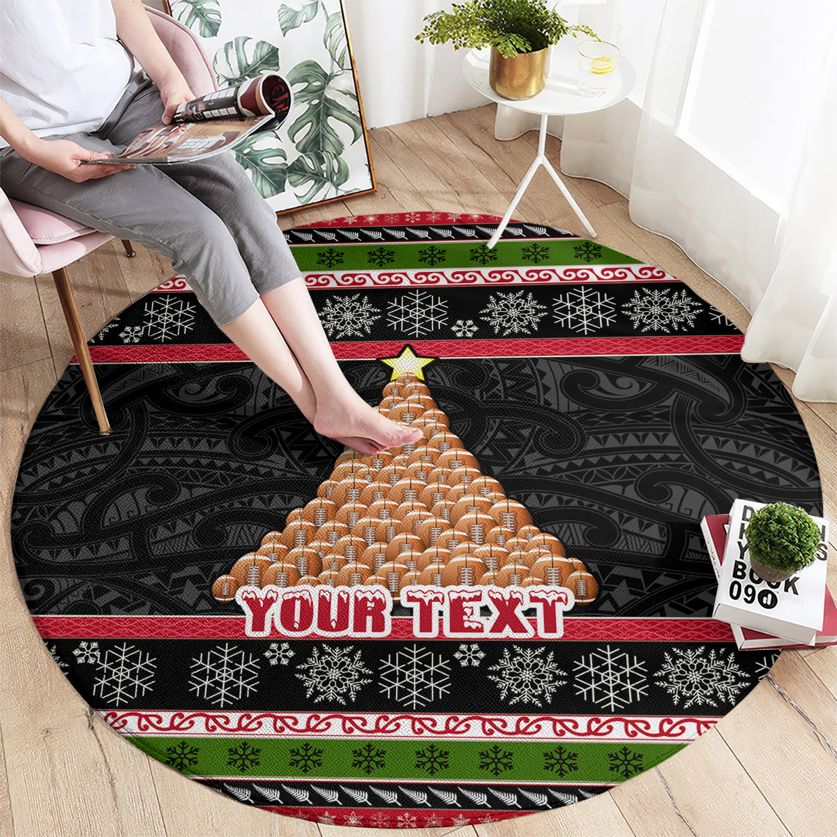 Personalized New Zealand Meri Kirihimete Round Carpet Maori Warrior with Rugby Christmas Tree LT03 - Polynesian Pride
