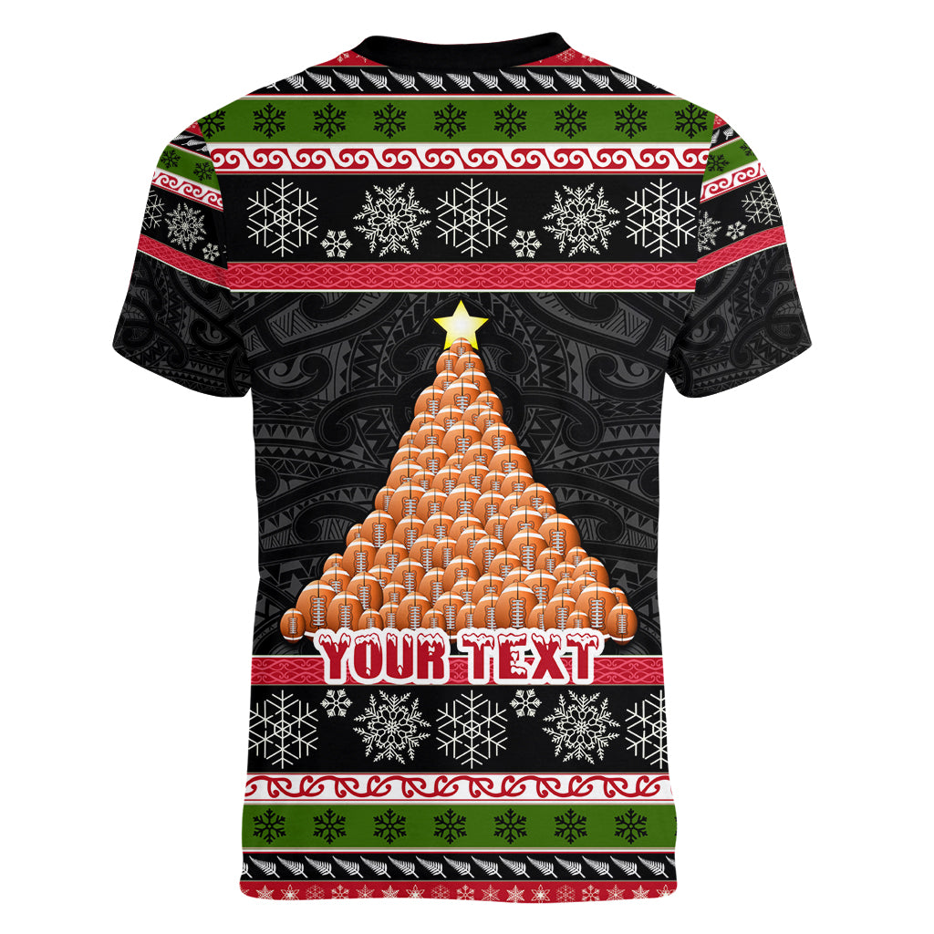 Personalized New Zealand Meri Kirihimete Women V Neck T Shirt Maori Warrior with Rugby Christmas Tree LT03 - Polynesian Pride