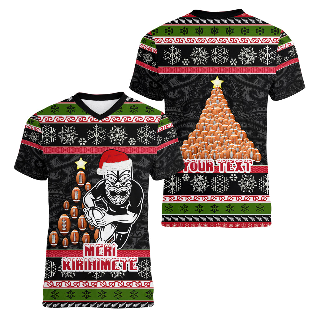 Personalized New Zealand Meri Kirihimete Women V Neck T Shirt Maori Warrior with Rugby Christmas Tree LT03 - Polynesian Pride