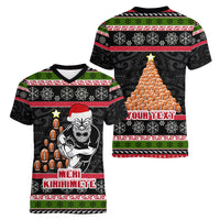 Personalized New Zealand Meri Kirihimete Women V Neck T Shirt Maori Warrior with Rugby Christmas Tree LT03 - Polynesian Pride