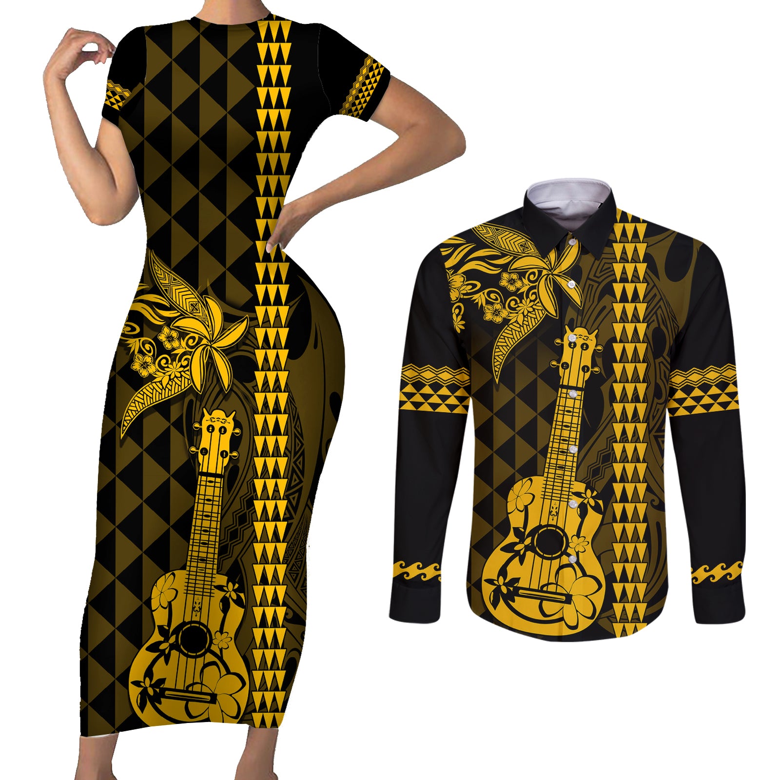 Custom Hawaii Couples Matching Short Sleeve Bodycon Dress and Long Sleeve Button Shirt Ukelele and Hula Girl Mix Kakau Pattern LT03 Yellow - Polynesian Pride