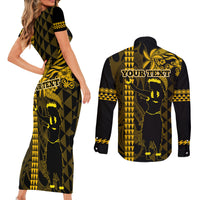 Custom Hawaii Couples Matching Short Sleeve Bodycon Dress and Long Sleeve Button Shirt Ukelele and Hula Girl Mix Kakau Pattern LT03 - Polynesian Pride