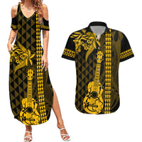 Custom Hawaii Couples Matching Summer Maxi Dress and Hawaiian Shirt Ukelele and Hula Girl Mix Kakau Pattern LT03 Yellow - Polynesian Pride