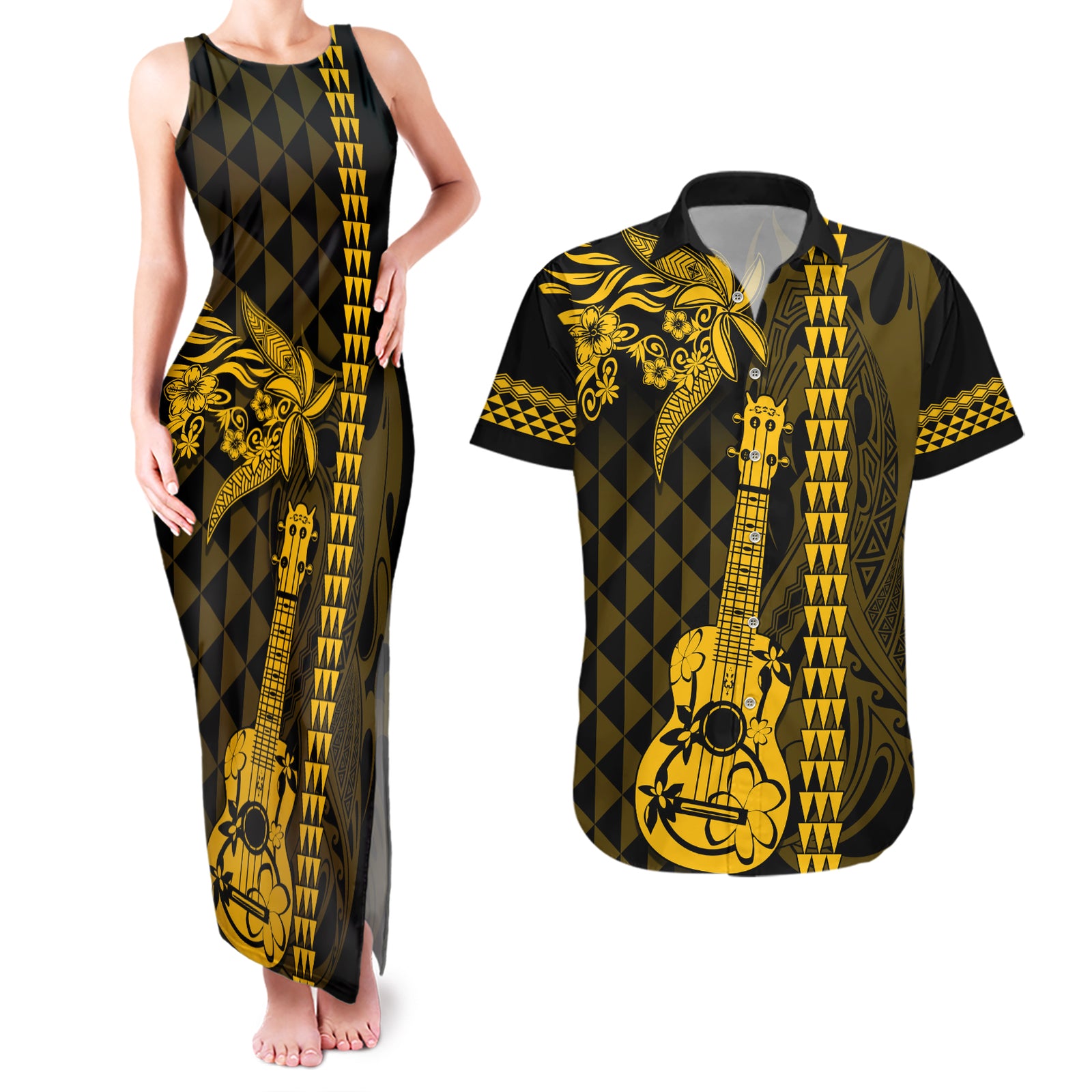 Custom Hawaii Couples Matching Tank Maxi Dress and Hawaiian Shirt Ukelele and Hula Girl Mix Kakau Pattern LT03 Yellow - Polynesian Pride