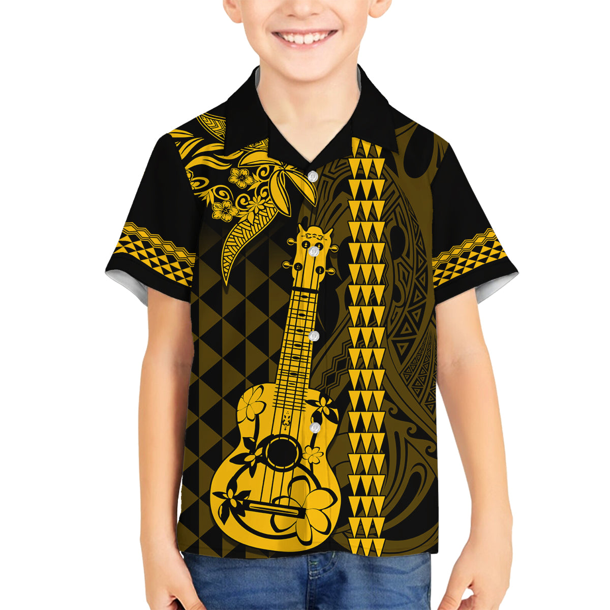 Custom Hawaii Family Matching Puletasi Dress and Hawaiian Shirt Ukelele and Hula Girl Mix Kakau Pattern LT03 Son's Shirt Yellow - Polynesian Pride