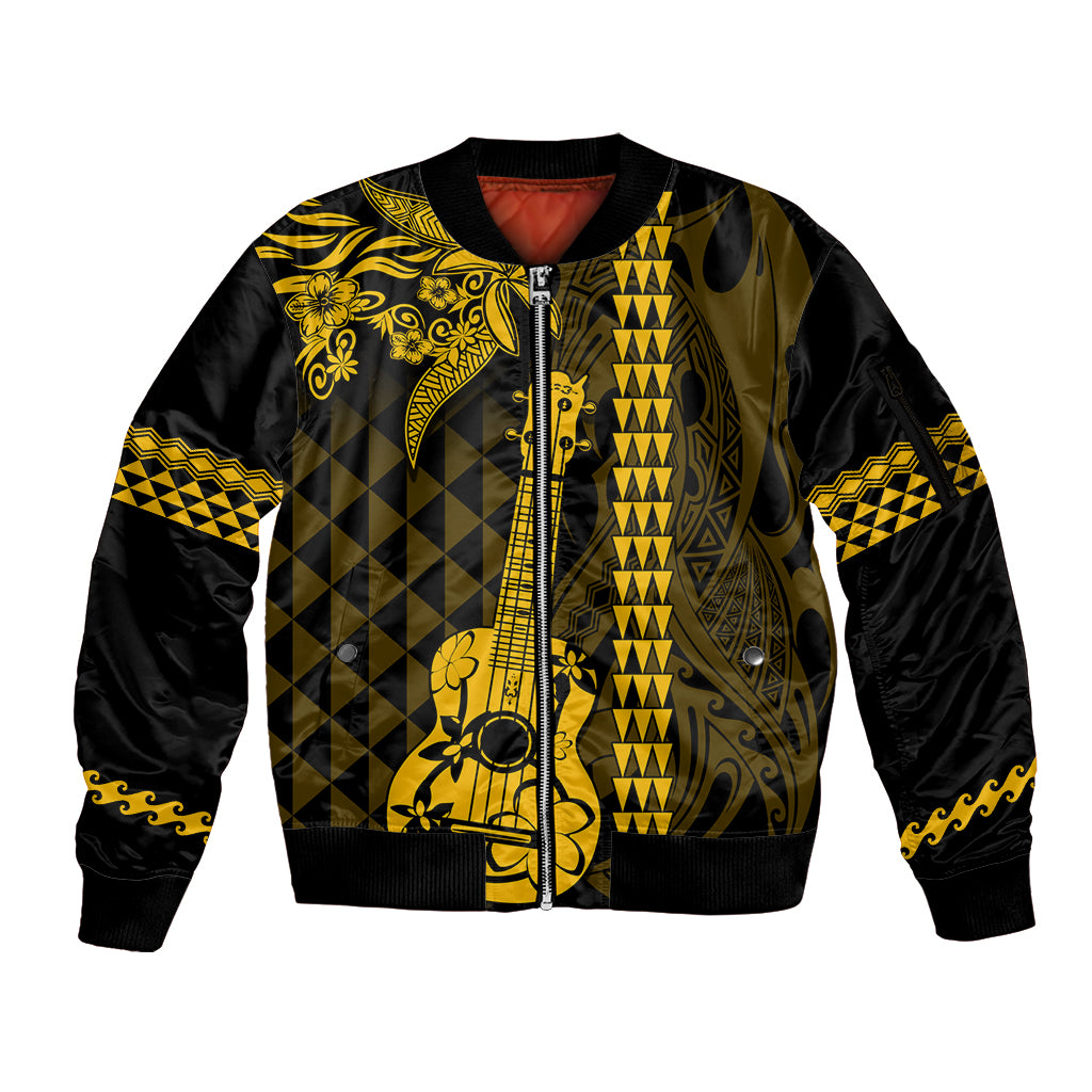 Custom Hawaii Sleeve Zip Bomber Jacket Ukelele and Hula Girl Mix Kakau Pattern LT03 Unisex Yellow - Polynesian Pride