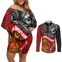 The Kingitanga - Maori King Movement Couples Matching Off Shoulder Short Dress and Long Sleeve Button Shirt Ko Te Mana Motuhake Emblem with Moko and Polynesian Art Tattoo
