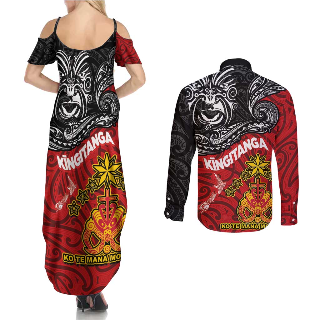 The Kingitanga - Maori King Movement Couples Matching Summer Maxi Dress and Long Sleeve Button Shirt Ko Te Mana Motuhake Emblem with Moko and Polynesian Art Tattoo