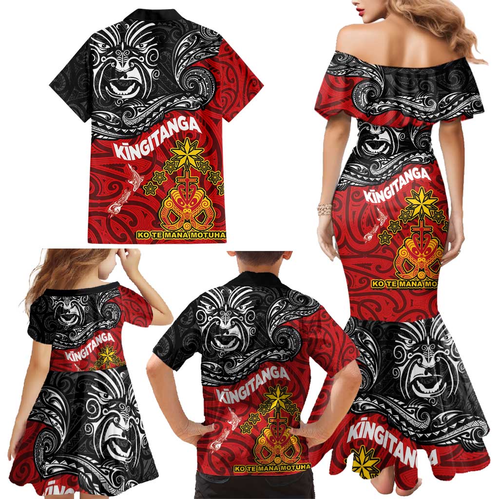 The Kingitanga - Maori King Movement Family Matching Mermaid Dress and Hawaiian Shirt Ko Te Mana Motuhake Emblem with Moko and Polynesian Art Tattoo