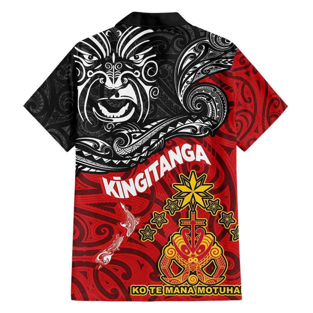 The Kingitanga - Maori King Movement Family Matching Short Sleeve Bodycon Dress and Hawaiian Shirt Ko Te Mana Motuhake Emblem with Moko and Polynesian Art Tattoo