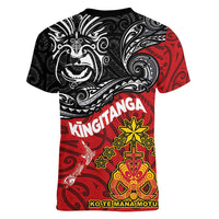 The Kingitanga - Maori King Movement Women V-Neck T-Shirt Ko Te Mana Motuhake Emblem with Moko and Polynesian Art Tattoo