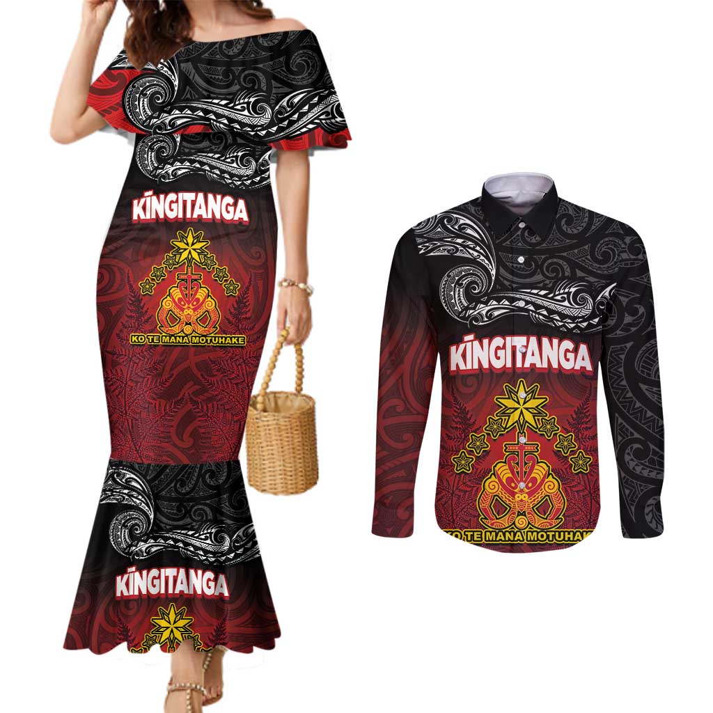 Personalised The Kingitanga - Maori King Movement Couples Matching Mermaid Dress and Long Sleeve Button Shirt Ko Te Mana Motuhake Emblem with Silver Ferns and Polynesian Art Tattoo