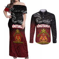 Personalised The Kingitanga - Maori King Movement Couples Matching Off Shoulder Maxi Dress and Long Sleeve Button Shirt Ko Te Mana Motuhake Emblem with Silver Ferns and Polynesian Art Tattoo