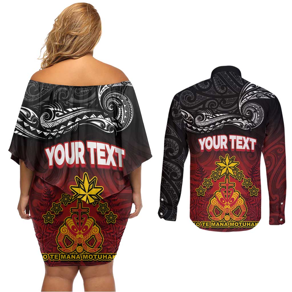 Personalised The Kingitanga - Maori King Movement Couples Matching Off Shoulder Short Dress and Long Sleeve Button Shirt Ko Te Mana Motuhake Emblem with Silver Ferns and Polynesian Art Tattoo