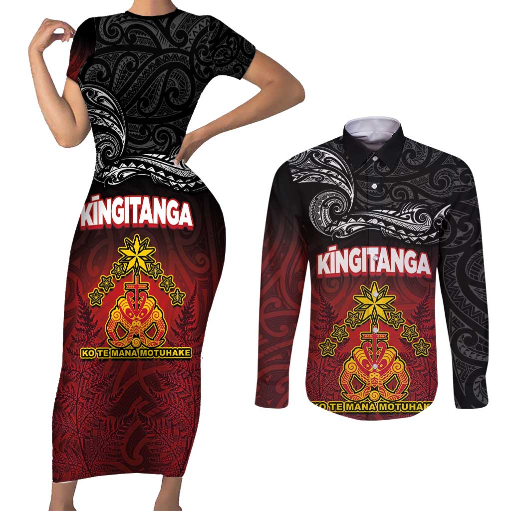 Personalised The Kingitanga - Maori King Movement Couples Matching Short Sleeve Bodycon Dress and Long Sleeve Button Shirt Ko Te Mana Motuhake Emblem with Silver Ferns and Polynesian Art Tattoo