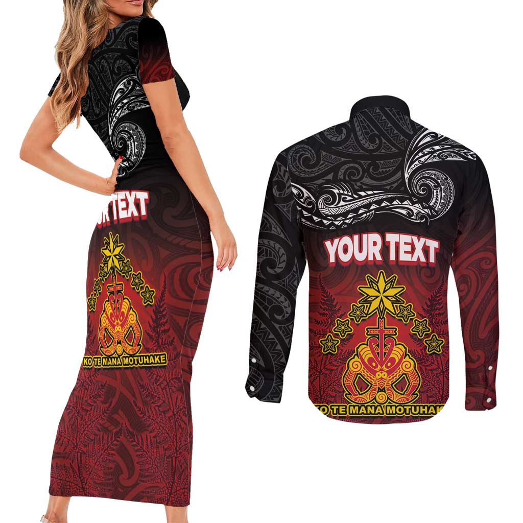 Personalised The Kingitanga - Maori King Movement Couples Matching Short Sleeve Bodycon Dress and Long Sleeve Button Shirt Ko Te Mana Motuhake Emblem with Silver Ferns and Polynesian Art Tattoo