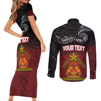 Personalised The Kingitanga - Maori King Movement Couples Matching Short Sleeve Bodycon Dress and Long Sleeve Button Shirt Ko Te Mana Motuhake Emblem with Silver Ferns and Polynesian Art Tattoo