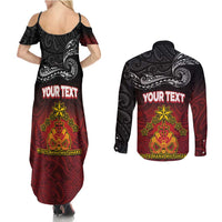 Personalised The Kingitanga - Maori King Movement Couples Matching Summer Maxi Dress and Long Sleeve Button Shirt Ko Te Mana Motuhake Emblem with Silver Ferns and Polynesian Art Tattoo
