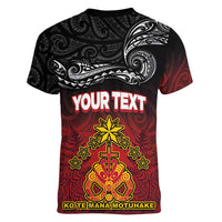 Personalised The Kingitanga - Maori King Movement Women V-Neck T-Shirt Ko Te Mana Motuhake Emblem with Silver Ferns and Polynesian Art Tattoo