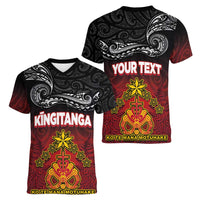 Personalised The Kingitanga - Maori King Movement Women V-Neck T-Shirt Ko Te Mana Motuhake Emblem with Silver Ferns and Polynesian Art Tattoo