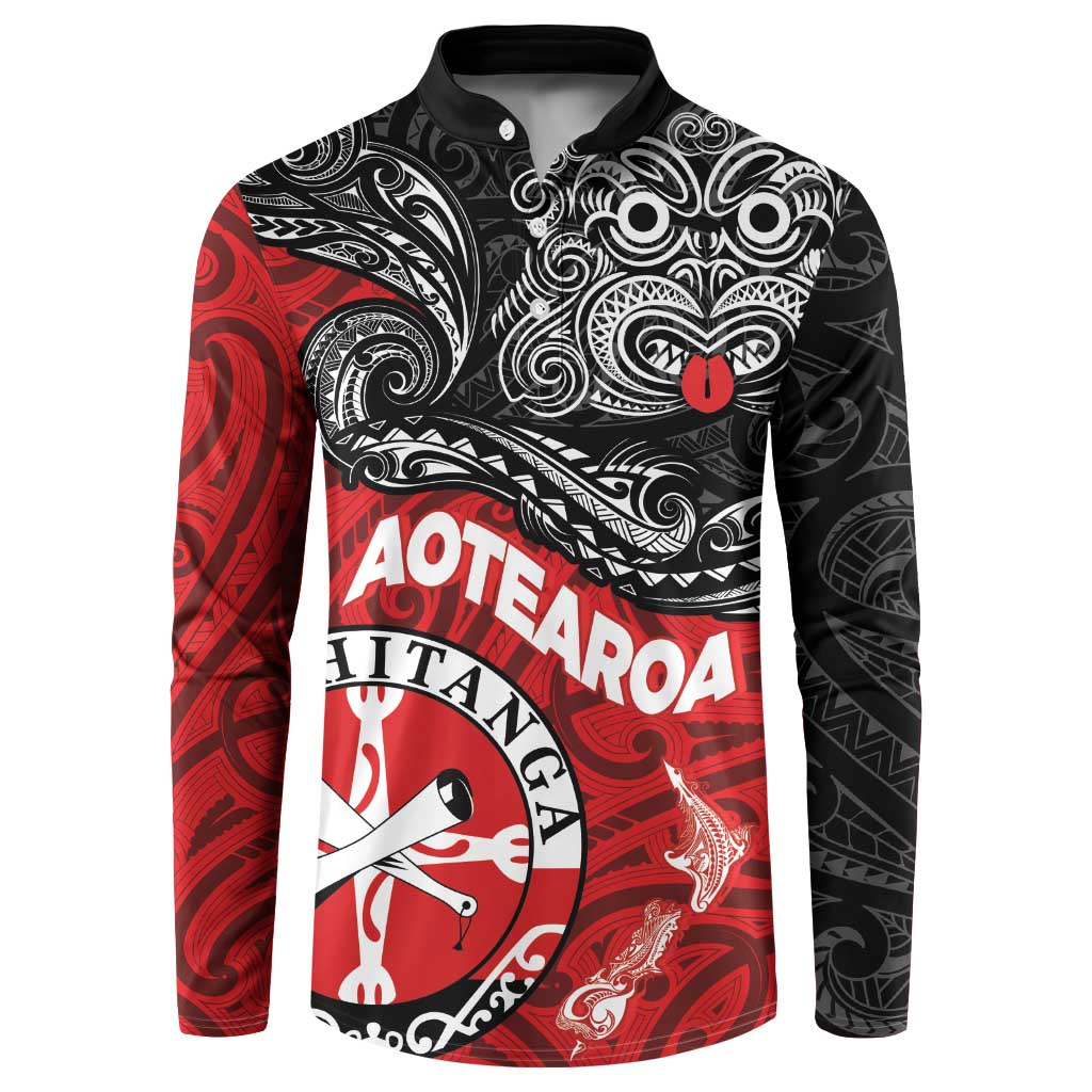 Maori Kotahitanga Button Sweatshirt Aotearoa Spirit with Maori Mask and Polynesian Art Tattoo