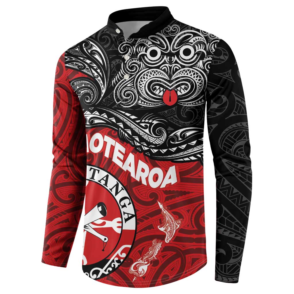 Maori Kotahitanga Button Sweatshirt Aotearoa Spirit with Maori Mask and Polynesian Art Tattoo