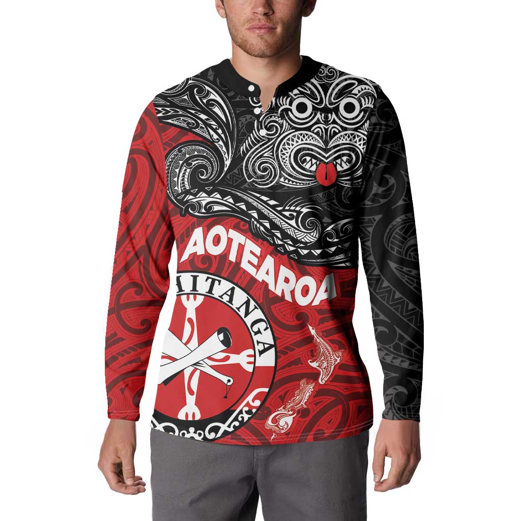 Maori Kotahitanga Button Sweatshirt Aotearoa Spirit with Maori Mask and Polynesian Art Tattoo