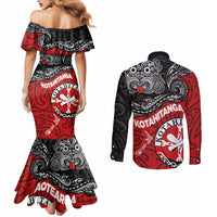 Maori Kotahitanga Couples Matching Mermaid Dress and Long Sleeve Button Shirt Aotearoa Spirit with Maori Mask and Polynesian Art Tattoo