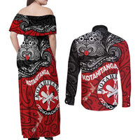 Maori Kotahitanga Couples Matching Off Shoulder Maxi Dress and Long Sleeve Button Shirt Aotearoa Spirit with Maori Mask and Polynesian Art Tattoo