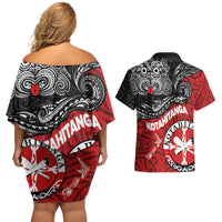 Maori Kotahitanga Couples Matching Off Shoulder Short Dress and Hawaiian Shirt Aotearoa Spirit with Maori Mask and Polynesian Art Tattoo